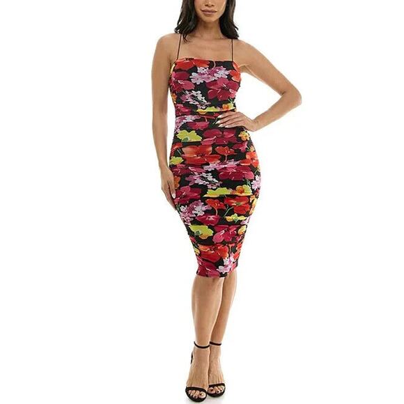 B. Darlin Multicolor Bungee Strap Square Neck Floral Mesh Bodycon Dress Size S - Picture 1 of 10